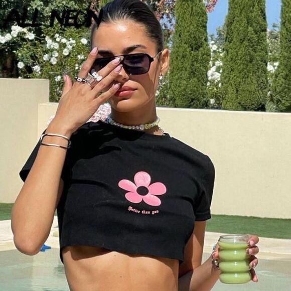 Adika Tops - Adika Black Crop Top with Pink Flower Design